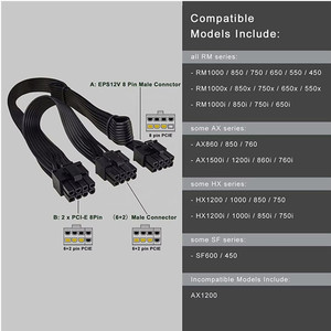Câble d'alimentation PCI Express 8 broches vers double 6+2 broches, répartiteur PCIe 8 broches 1 vers 2 pour Corsair RM1000 RM850 <span class=keywords><strong>RM750</strong></span> RM650 RM550 RM - Product Image 3