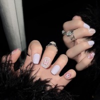 Diseño # 1133 Uñas Postizas de Lujo Hechas a Mano con Diseño Floral, Extra Cortas, Forma Ataúd, Doradas y Moradas, Cobertura Completa, 10 Piezas, Puntas de Uñas Florales