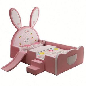 Cartoon Pink Bunny Guardrail <b>Slide</b> <b>Bed</b> 1.2m Solid Wood Cotton Upholstery Comfortable Modern Design Girls Princess Bedroom - Product Image 6