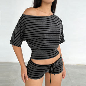 Women's Gray Stripe Sexy Bodycon Two-Piece Asymmetrical Off-Shoulder Crop Top and Drawstring Shorts <b>Set</b> for Summer Streetwear - Product Image 3
