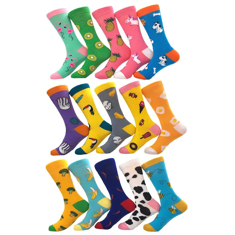 Fashion custom print socks 100% BCI cotton stockings cartoon animal color fruit printing socks for men and women in winter