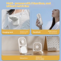 Ventilateur de cou 4-en-1 avec miroir, 3 vitesses, support de téléphone portable de bureau, pliable, rechargeable par USB, 3 couleurs, vente en gros OEM