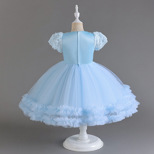 Children's Princess Dress Sky Blue Tulle A-Line O-Neck Flower Girl Dress With 3D Rose Mesh Tutu Skirt - Product Image 2