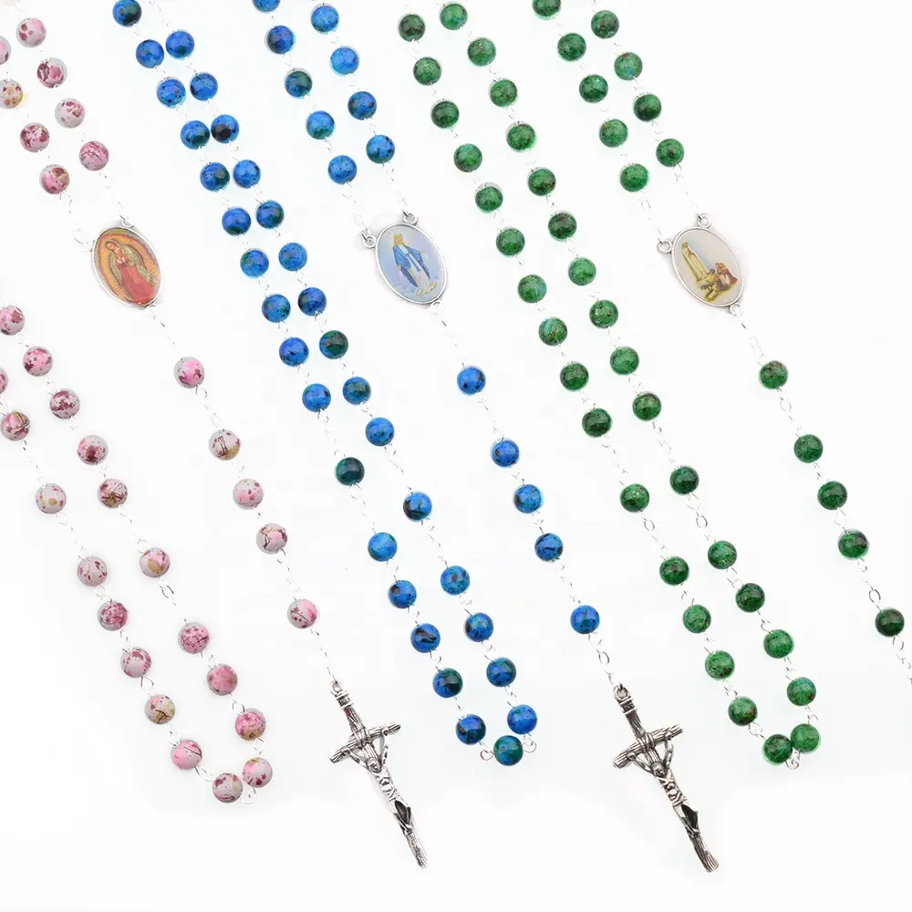 Cattolico 6mm blu rosa vetro Fatima rosario regalo religioso nostra signora Guadalupe multicolore uomo donna rosario perline