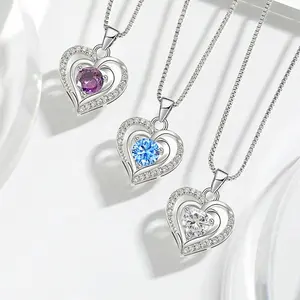 Ngày Valentine đơn giản trái tim của đại dương Aquamarine Phong Cách Hàn Quốc hình trái tim Mặt dây chuyền đôi trái tim Vòng cổ đồng trang sức