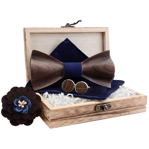 4 pièces/ensemble 3D personnalisé fait main en <span class=keywords><strong>bois</strong></span> noeud papillon <span class=keywords><strong>et</strong></span> soie <span class=keywords><strong>mouchoir</strong></span> cravate broche bouton de manchette noeud papillon avec boîte cadeau - Product Image 3