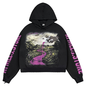 Sudadera con capucha de estilo urbano de gran tamaño, personalizada al por mayor, OEM ODM, con estampado de río morado y texto en las mangas para hombre - Product Image 1