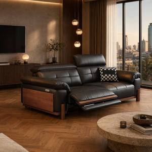 Canapé d'angle électrique 3 places en cuir véritable pleine fleur noir, style moderne mi-contemporain, avec structure en bois, idéal pour hôtels et villas - Product Image 2