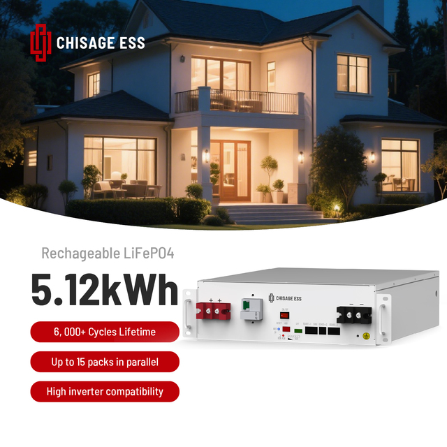 Deep Cycle LiFePO4 Battery 5kWh 51.2V 100Ah Home Use Lithium Ion Energy Storage Solar System Chisage ESS MOON5-R CE Certified