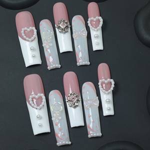 Uñas Postizas de Acrílico de Lujo, Forma Ataúd, Color Rosa, Cobertura Completa, Hechas a Mano, con Diseño de Estrellas, Mariposas y Pedrería, Precio de Fábrica - Product Image 1