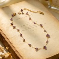Ensemble collier en acier titane avec pierres concassées irrégulières violettes, chaîne de clavicule style forêt de luxe léger pour femme
