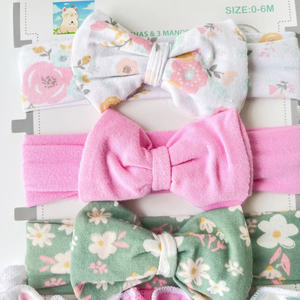 Bandeau et 3 mitaines pour bébé Vente en gros de haute qualité Nouveau avec nœud Né Sac d'opp en coton super doux Bande élastique Image imprimée - Product Image 3