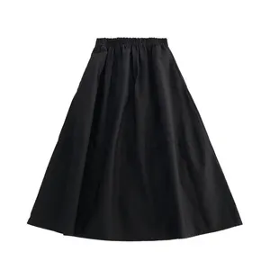 בציר אופנה מוצק נשים גבירותיי כותנה מטריית חצאיות אלסטי מותניים קו שחור לבן חאקי ארוך Midi מטען חצאית SCS015