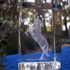 Etched Stallion 3D Laser Horse Glass Crystal Cube Block Paperweight