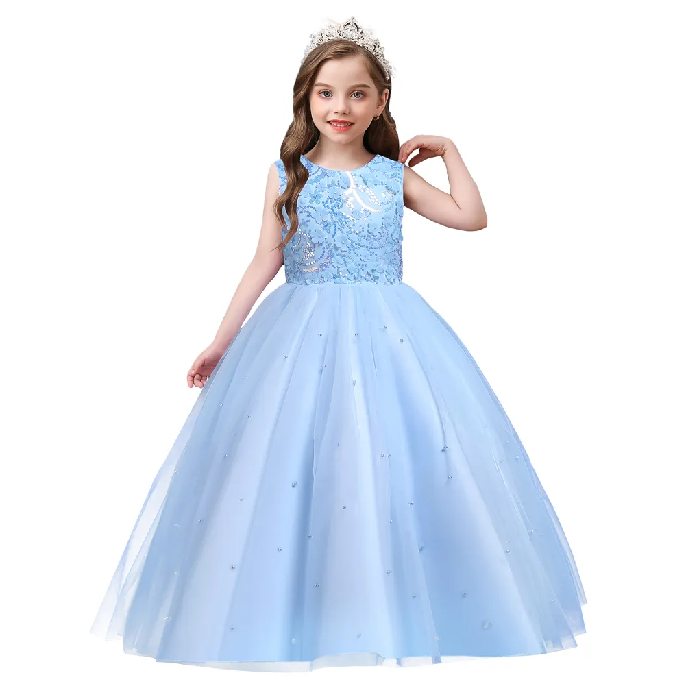 Pink lovely children party dress puffy summer big girl birthday dresses Sequins long dresses for girls of 10 year old