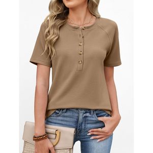 FOXA Women Waffle Knit Top Short Sleeve Henley Button Front Casual <b>Blouse</b> Spring Fashion 2026 - Product Image 2