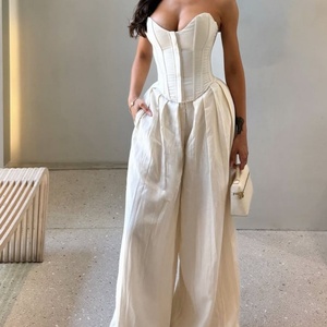 Conjunto de 2 Piezas de Primavera de Diseño OEM, Color Sólido, Lino y Algodón, Pantalones de Cintura Alta y Pierna Ancha con Bolsillo, Conjunto Casual para Mujer - Product Image 2