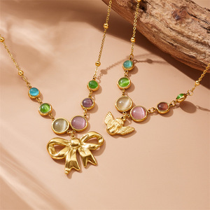 Fashion Pendant Necklace Gold Plated Bow Angel Chain Colorful Gemstone Stainless Steel Party Jewelry - Product Image 1
