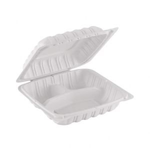 Paquete de 150 Contenedores Desechables de MFPP de 8 Pulgadas, 3 Compartimentos, Blancos Transparentes, 4 Ventilaciones, con Cierre Frontal y Bisagras, Ecológicos - Product Image 1