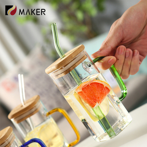 400ml Empty High Borosilicate Square <strong>Clear</strong> <strong>Glass</strong> Handle Straw Drinkware Bottle Cola Juice Milk Tea Water <strong>Cup</strong> With Bamboo Lid