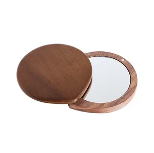 Custom Sublimation Double Side Mini Espejos Personalized High End Circle Wooden Foldable Rotatable Pocket Hd Makeup Mirrors Set
