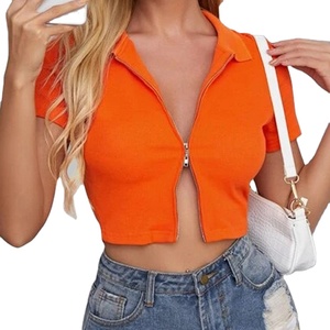 Top Corto da Donna in Maglia a Costine con Colletto e Zip, Casual, Alta Qualità, Primavera-Autunno, Arancione, Aderente - Product Image 4