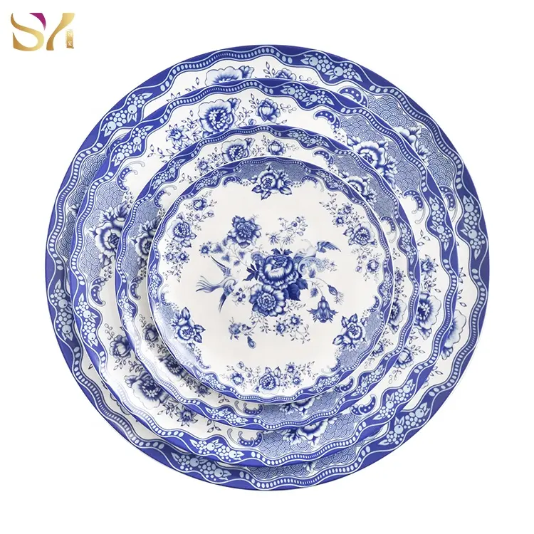 Custom Printed Blue Bone China Dinner and Dessert Plate Set Contemporary Hotel Porcelain Bread and Dish Set for Gifting