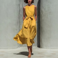 Gaun Maxi Linen Tan Elegan untuk Wanita, Gaun Tanpa Lengan Seksi dengan Ikat Pinggang, Model A-Line, Rok Panjang, Pakaian Santai Musim Panas untuk Pantai dan Resor