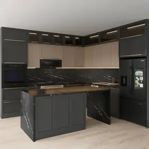 CBMmart Latest Trends Black Color Cabinets Shaker Lattice Bar Door Panel PVC Lacquer Finished Cabinets Kitchen Furnitures Set