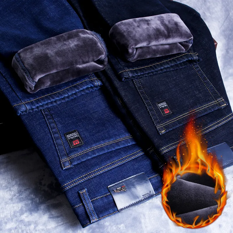 Pantalones vaqueros gruesos de negocios para hombre, Jeans ajustados de lana cálida, color negro y azul, de marca elástica, para invierno, 2022
