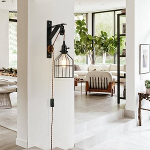 Polea de aluminio con diseño de granja de estilo industrial, luz de jardín montada en la pared con interruptor de enchufe, lámpara de pared impermeable moderna para exteriores - Product Image 3