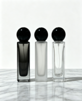 Vente en gros de flacons de parfum vides en verre de 30 ml, flacon de parfum rectangulaire transparent avec bouchon sphérique noir pour Cologne