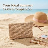 Pochette cosmétique en paille tressée pour la plage, faite à la main en raphia, trousse de maquillage écologique, organiseur de voyage pour articles de toilette avec dragonne