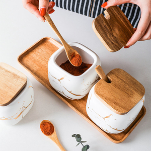 Nuovi arrivi condimento contenitore di marmo di <span class=keywords><strong>ceramica</strong></span> sale barattolo di <span class=keywords><strong>spezie</strong></span> con con coperchio di bambù e cucchiaio - Product Image 2