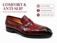 Mocassins en cuir gaufré crocodile rouge bordeaux pour hommes, à enfiler, bout rond, avec bride Penny, pour affaires, bureau, mariage