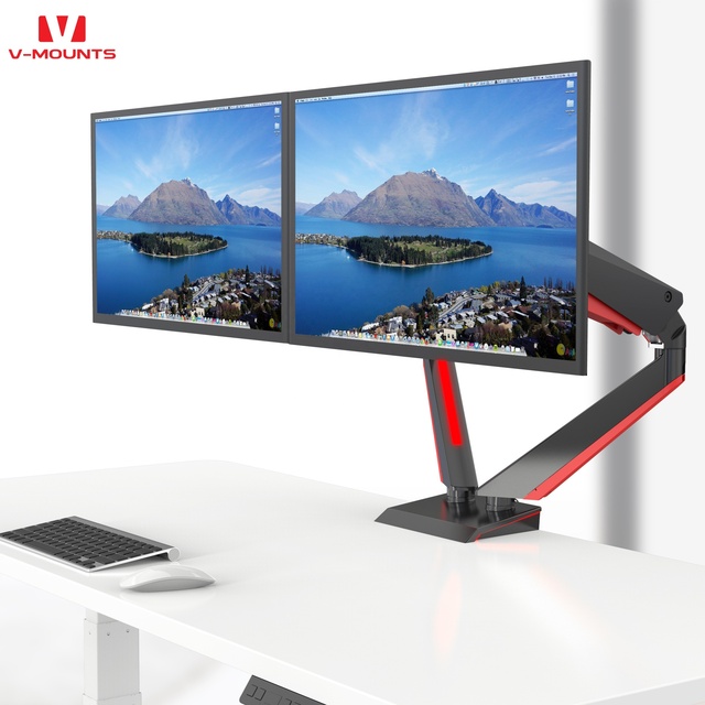 V-mounts Gaming Monitor Arm Gas Spring Tension Adjustment LED Backlight Base 90 Degrees Tilt 27" Screen 75x75/100x100 VESA 360