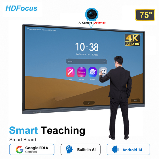 HDFocus 75-Inch AG Panel Interactive Whiteboard 4K Dual OS Google EDLA Smart Board Function IR Touch for Classroom