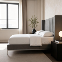 Maßgefertigtes Modernes Designer-Lederbett mit Vertikalen Kanälen für Luxushotels mit Metallgestell und Anpassbarem Kopfteil