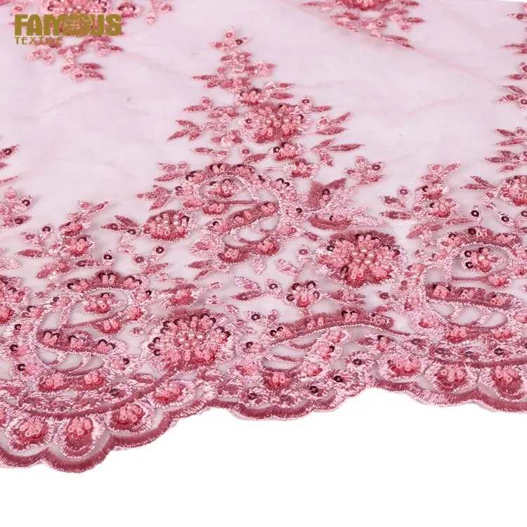 높은 품질 도매 핑크 손 페르시 tulle 수 놓은 프랑스 레이스 원단 진주 드레스