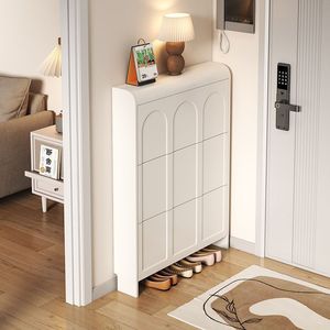 Scarpiera in Legno Ultra Sottile da 17 cm Salvaspazio, Stile Moderno Crema, con Cassetti a Ribalta, Mobile Contenitore per Soggiorno con Angoli Arrotondati - Product Image 4