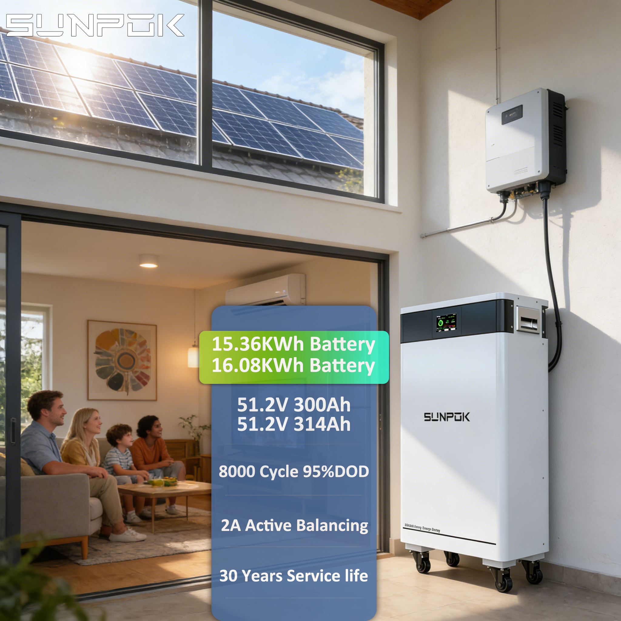 SUNPOK <strong>2026</strong> OEM ODM 51.2V 300Ah 15kWh 8000 Cycles Stackable Split LiFePO4 Battery Pack WIFI <strong>Solar</strong> Home Energy Storage <strong>Systems</strong>