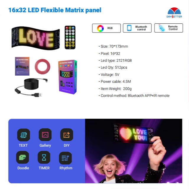 Mini LED Sign Rechargeable Bluetooth Animation Message Screen App Control Programmable Custom Matrix Panel Badge Backpack SDK