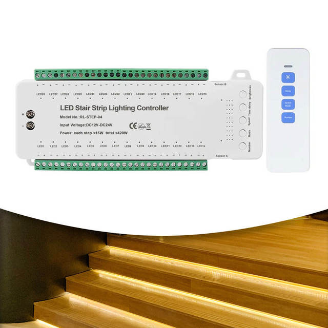 Automatic 28 Step Strip Smart Stair Lighting Controller 12V 24V Motion Sensor PIR Light Staircase Control System With RF Remote