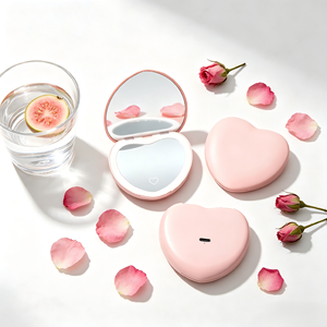 Miroir de maquillage de poche en forme de cœur à double face grossissant 1x 2x avec lumière tricolore, cadre en plastique pliable, portable - Product Image 1