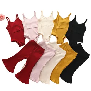 Stylish Ribbed Baby Girls 2pcs Clothes Set V-neck Vest Romper Ribbed Flare Pants Outfits
