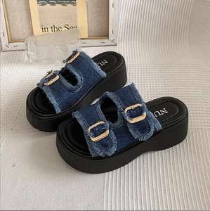 Nuevas zapatillas francesas informales con punta abierta para <span class=keywords><strong>mujer</strong></span>, zapatillas de lona vaquera de suela gruesa de doble <span class=keywords><strong>fila</strong></span>, zapatillas deslizantes para exteriores de verano - Product Image 3