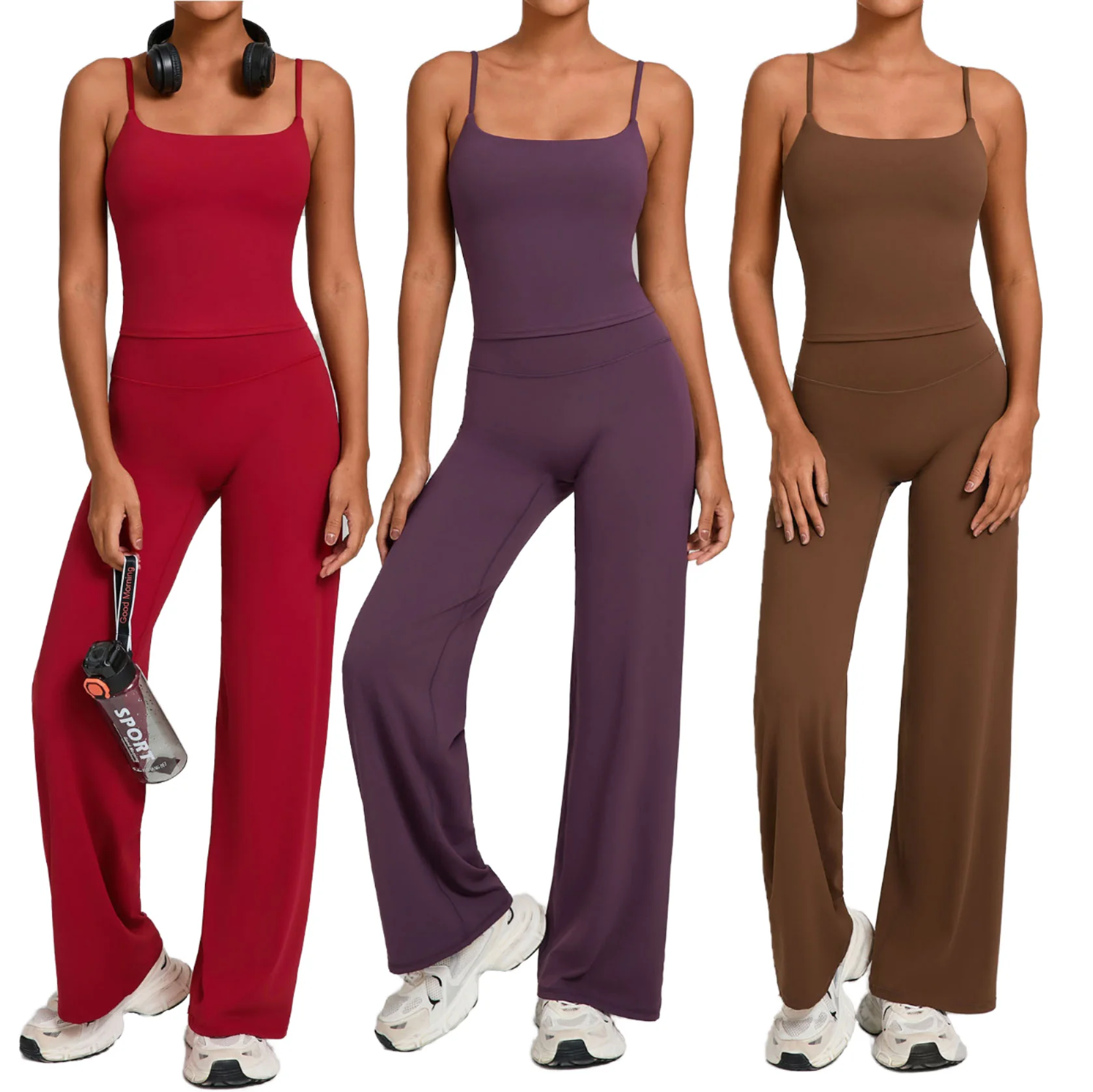 Yoke New Women Squared Neckline High Waist 2 Pieces Loungewear Set Straight Wide Leg Yoga Tracksuit Classic Solid Vest Set