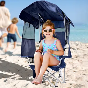 Foldable Backpack Portable Lightweight UV Protection Shade Arm Rest Folding Child Camping Chair With Retractable Sunshade Canopy