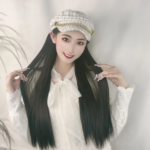 Parrucca Sintetica alla Moda <span class=keywords><strong>2026</strong></span>, Stile Piccolo e Raffinato, Parrucca con Cappello Integrato, Capelli Lunghi Lisci Neri, Densità 100%, Resistente al Calore - Product Image 3