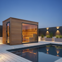 Cabane de sauna carrée minimaliste et élégante pour jardin, toit plat, finition mate, en bois